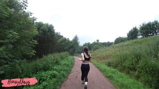 Cumshot on Leggings of Athletic Beauty after Jogging