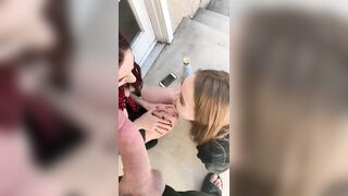 Two Random Girls outside Smoking on Campus Spontaneously Suck my Dick in Public