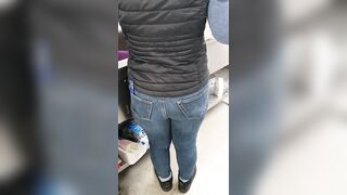 Step Mom has a Hole in the Jeans get Fucked by Step Son without Protection near Dad