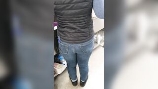 Step Mom has a Hole in the Jeans get Fucked by Step Son without Protection near Dad