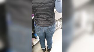 Step Mom has a Hole in the Jeans get Fucked by Step Son without Protection near Dad