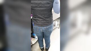 Step Mom has a Hole in the Jeans get Fucked by Step Son without Protection near Dad