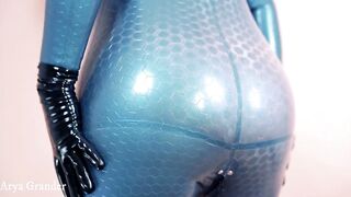 Luxury Latex Rubber Catsuit on Curvy Body of MILF Fetish Model Arya Grander