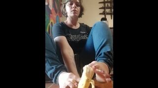 Peels a Banana with her Toes and Takes a Big Bite