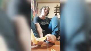 Peels a Banana with her Toes and Takes a Big Bite