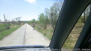 Hot Exhibitionist Girl Strips on the Road to get Hitchhiked