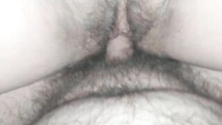 Close-up breeding creampie and big cumshot on hairy pussy