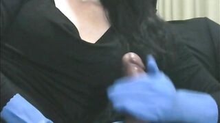 Smoking Wife in Blue Rubber Gloves Handjob 4