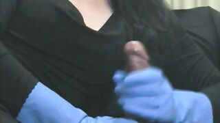 Smoking Wife in Blue Rubber Gloves Handjob 4