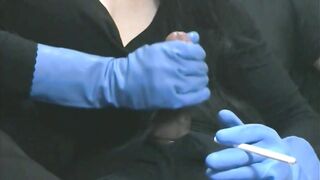 Smoking Wife in Blue Rubber Gloves Handjob 4