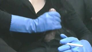 Smoking Wife in Blue Rubber Gloves Handjob 4