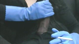 Smoking Wife in Blue Rubber Gloves Handjob 4