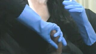 Smoking Wife in Blue Rubber Gloves Handjob 4