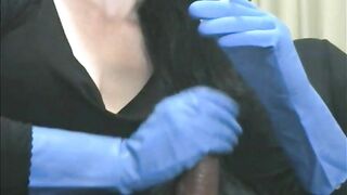 Smoking Wife in Blue Rubber Gloves Handjob 4