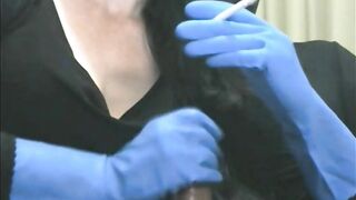 Smoking Wife in Blue Rubber Gloves Handjob 4