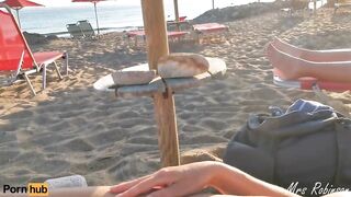 Exposed Cumshot at public beach on Busty Stepmom with Cum everywhere