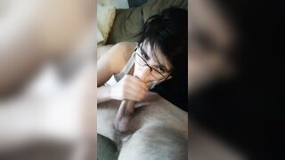 Short haired Cutie with glasses deepthroats my cock til I cum in her mouth