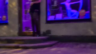 Topless at tattoo shop entrance, public wife in sexy lingerie and stockings