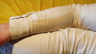 Bedwetting in pee stained white jeans. Feeling lazy and wet the bed again ;P