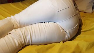 Bedwetting in pee stained white jeans. Feeling lazy and wet the bed again ;P