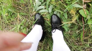 Schoolgirl in white knee socks, slave licks shoes femdome