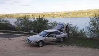 HOT PEE in Cold Autumn on TOW BAR of my Uncle"s Retro Car