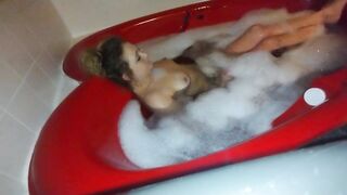 Dirty little slut takes a bubble bath in heart shaped tub and plays with feet ????????????