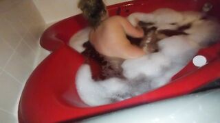 Dirty little slut takes a bubble bath in heart shaped tub and plays with feet ????????????