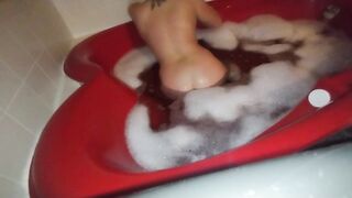 Dirty little slut takes a bubble bath in heart shaped tub and plays with feet ????????????