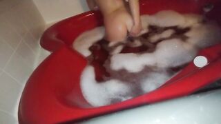 Dirty little slut takes a bubble bath in heart shaped tub and plays with feet ????????????