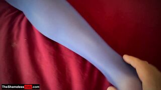 He licked and fucked Redhead in blue nylon stockings. Footjob and cum on feet (4K teaser)