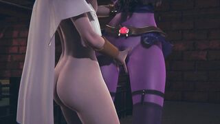 Light elf fingering dark elf's pussy