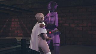 Light elf fingering dark elf's pussy