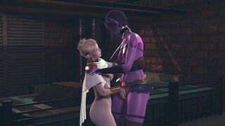 Light elf fingering dark elf's pussy