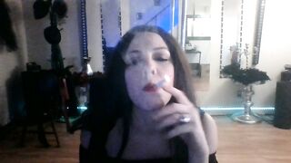 Hot Goth Burlesque Dancer Smokes Cigarette with Red Lipstick