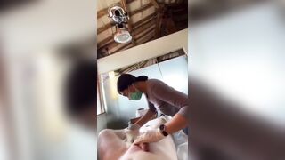 Man Cums on his Asian Esthetician while she Wax him