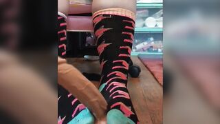 Hot BBW Teen In Colorful Socks Plays with Dildo