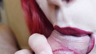 ASMR 4k close up blowjob ruined lipstick and teasing cock, Luna loves giving blowjob and ruin her lipstick