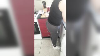 Step mom in leggings get fucked by step son in kitchen