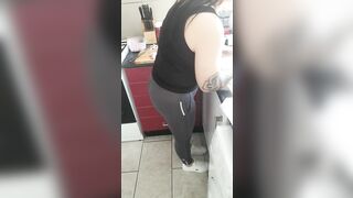 Step mom in leggings get fucked by step son in kitchen