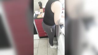 Step mom in leggings get fucked by step son in kitchen