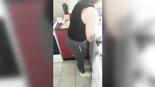 Step mom in leggings get fucked by step son in kitchen