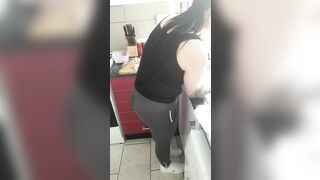 Step mom in leggings get fucked by step son in kitchen