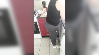 Step mom in leggings get fucked by step son in kitchen