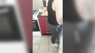 Step mom in leggings get fucked by step son in kitchen