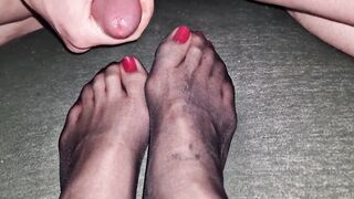 Cum on nylon red toenails...