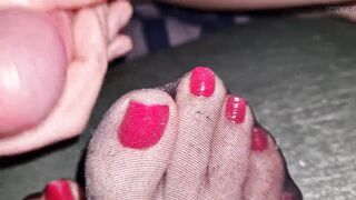 Cum on nylon red toenails...