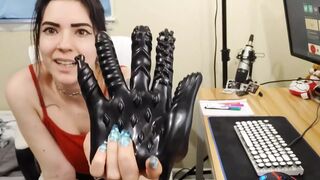 trying out a dildo glove