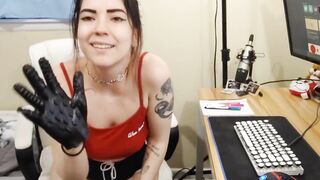 trying out a dildo glove