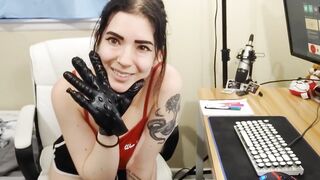 trying out a dildo glove